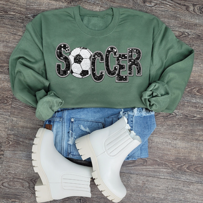 3Blues Designs |   Hazel Blues® |  Soccer Faux Chenille Sequin Patches Sweatshirt: Black