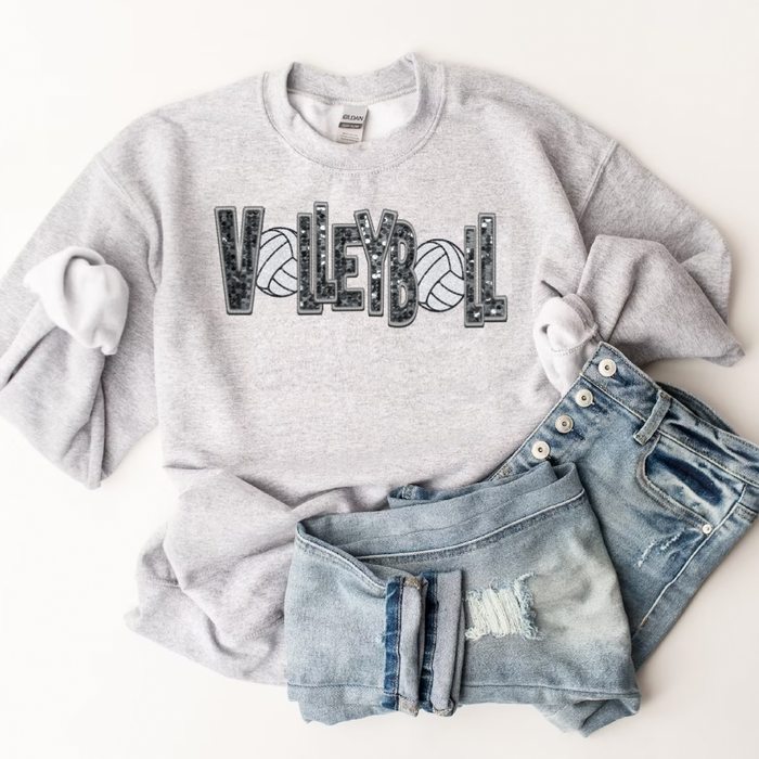 3Blues Designs |   Hazel Blues® |  Volleyball Faux Chenille Sequin Patches Sweatshirt: Charcoal