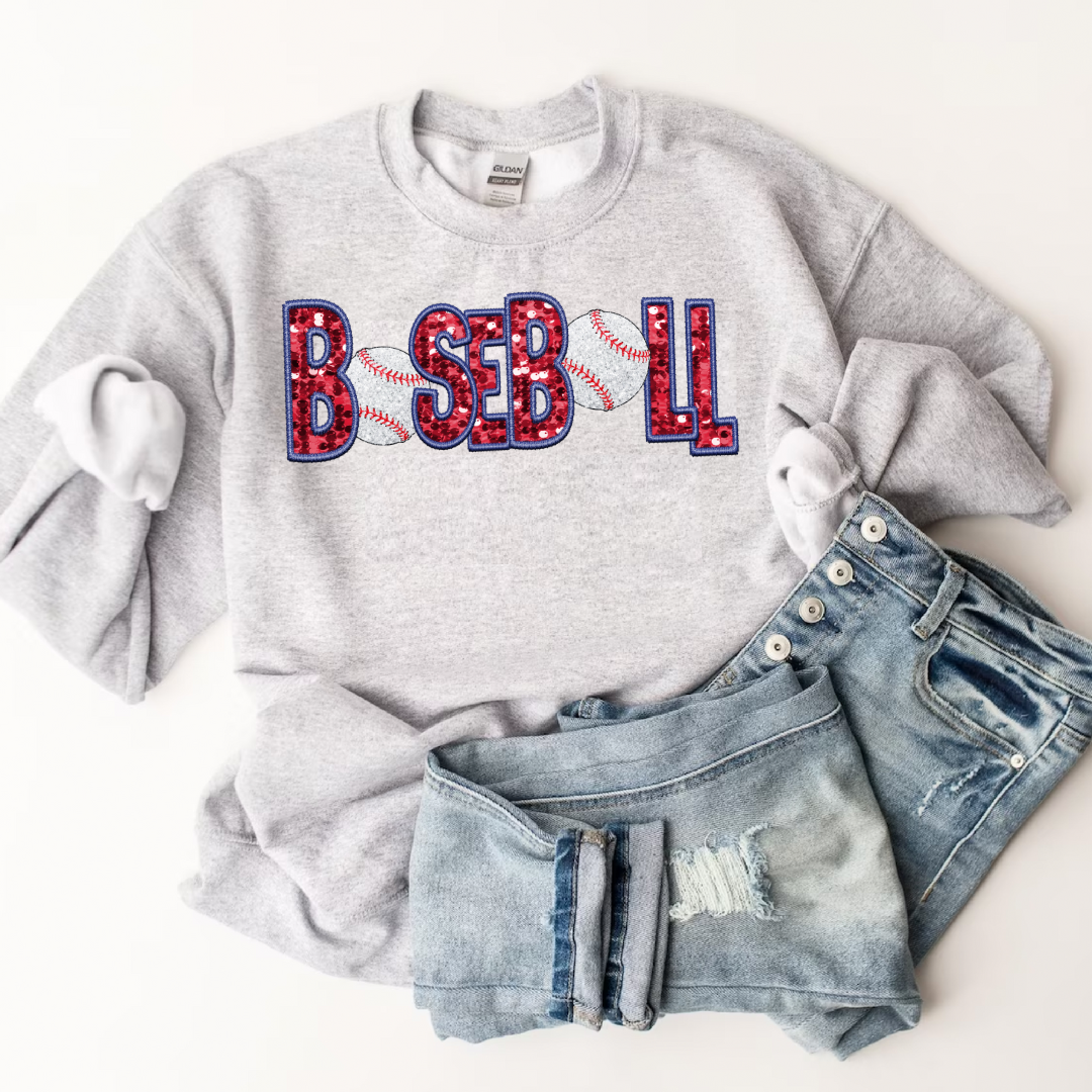 Hazel Blues® |  Baseball Faux Chenille Sequin Patches Sweatshirt: Red