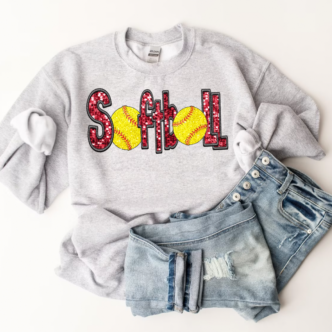 3Blues Designs |   Hazel Blues® |  Softball Faux Chenille Sequin Patches Sweatshirt: Red