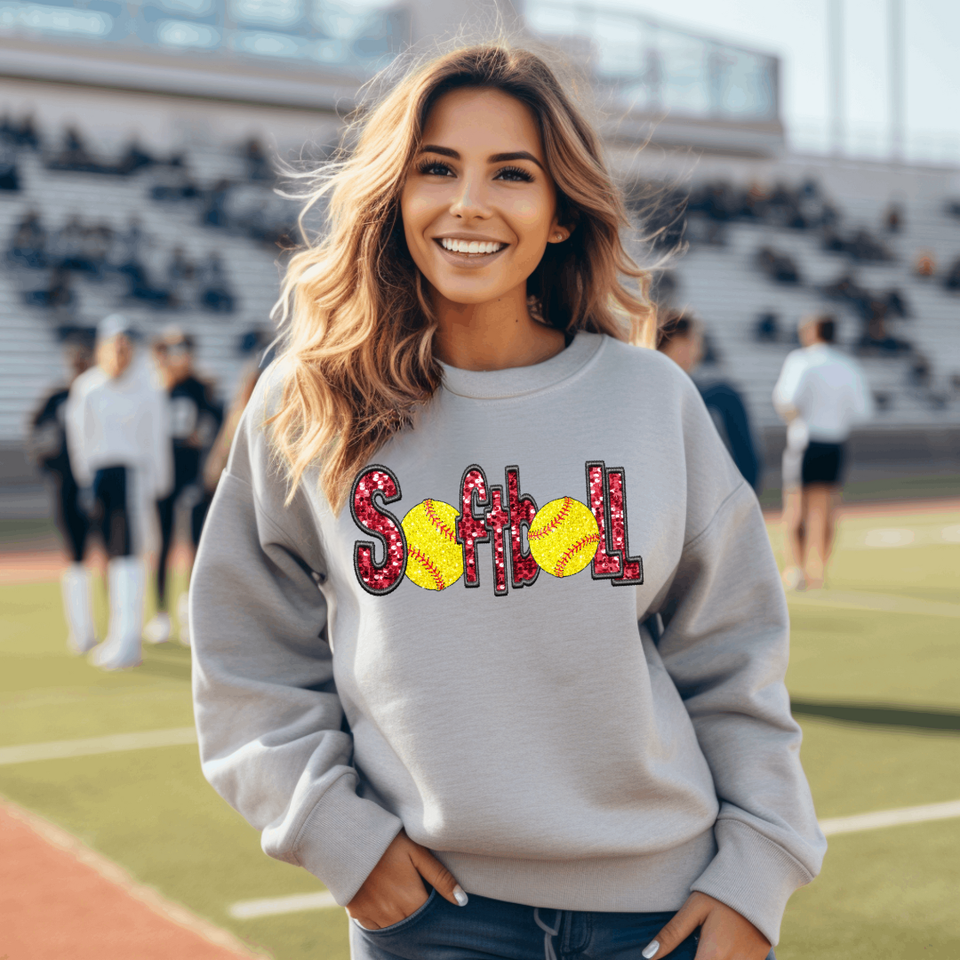 Hazel Blues®, Game Day Faux Chenille Sequin Patches Sweatshirt: Red & Navy