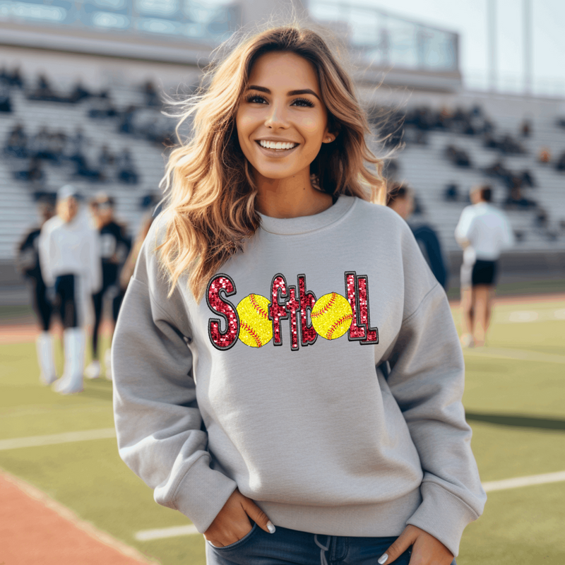 3Blues Designs |   Hazel Blues® |  Softball Faux Chenille Sequin Patches Sweatshirt: Red