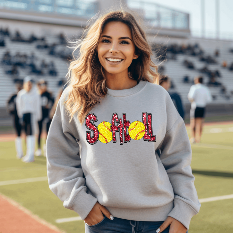 Hazel Blues® |  Softball Faux Chenille Sequin Patches Sweatshirt: Red