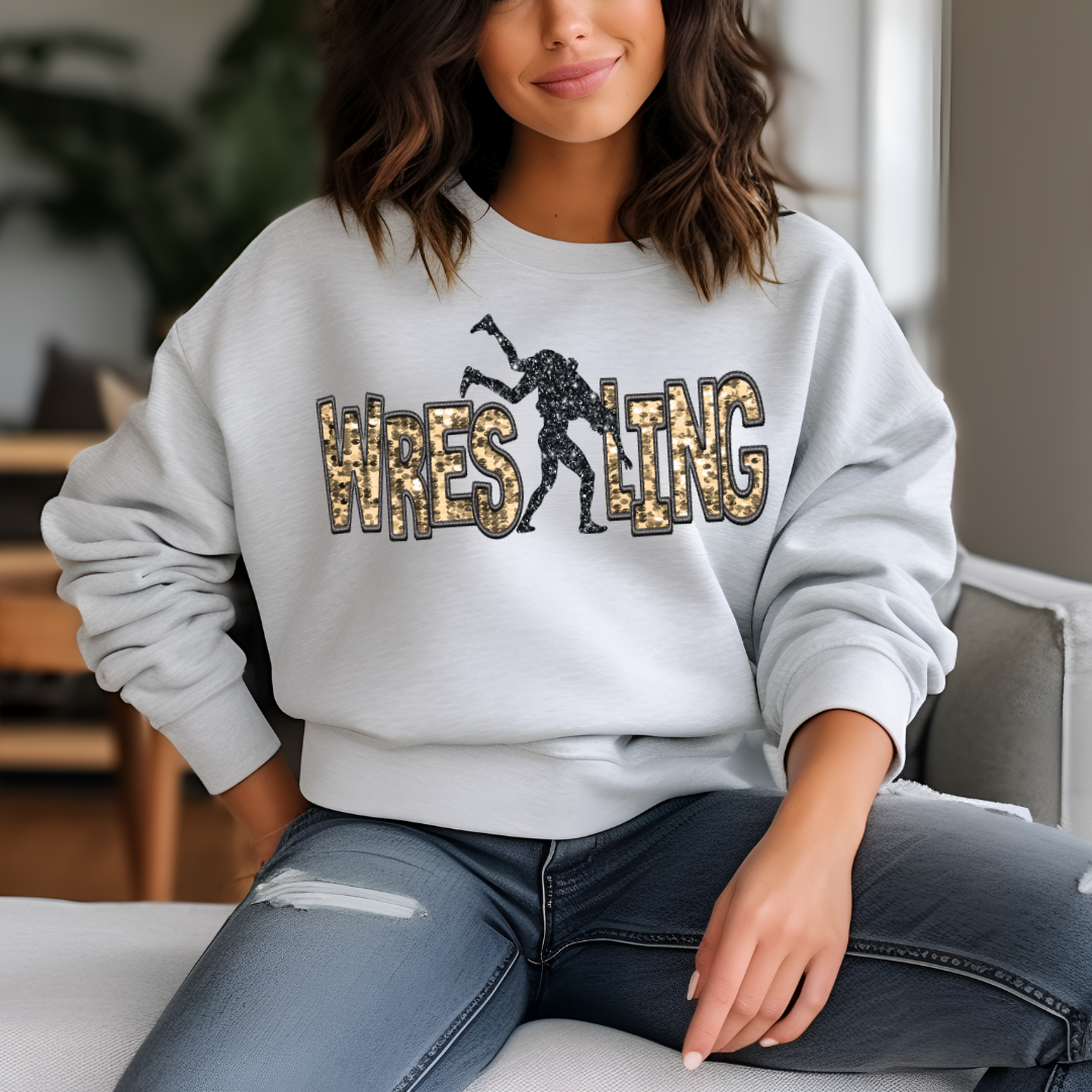 3Blues Designs |   Hazel Blues® |  Wrestling Faux Chenille Sequin Patches Sweatshirt: Gold