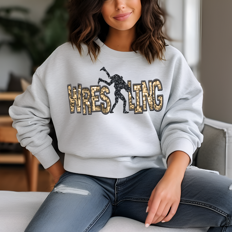 Hazel Blues® |  Wrestling Faux Chenille Sequin Patches Sweatshirt: Gold