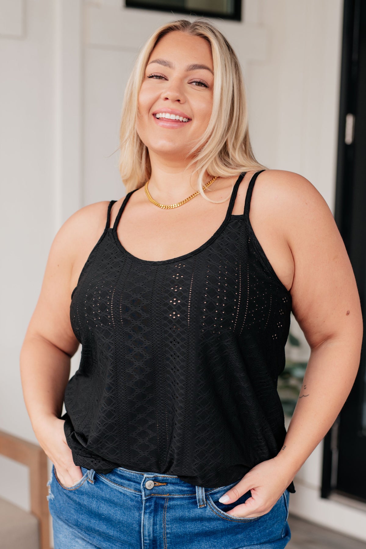 Hazel Blues® |  Eye on the Prize Eyelet Tank in Black