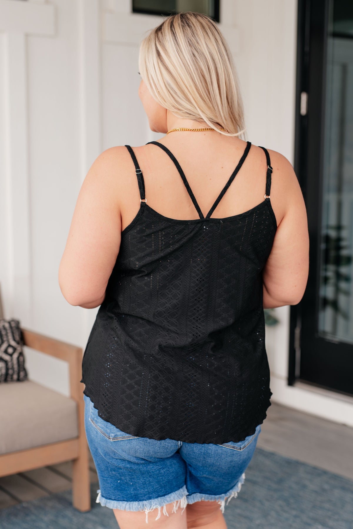 Hazel Blues® |  Eye on the Prize Eyelet Tank in Black