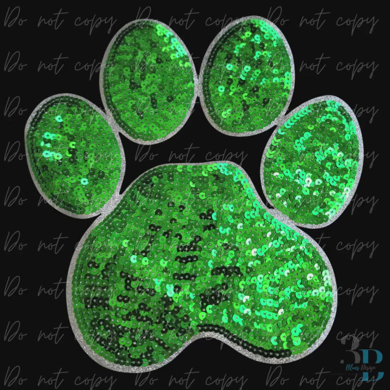 Large Sequin Green Paw w/Silver Iron-on Patch