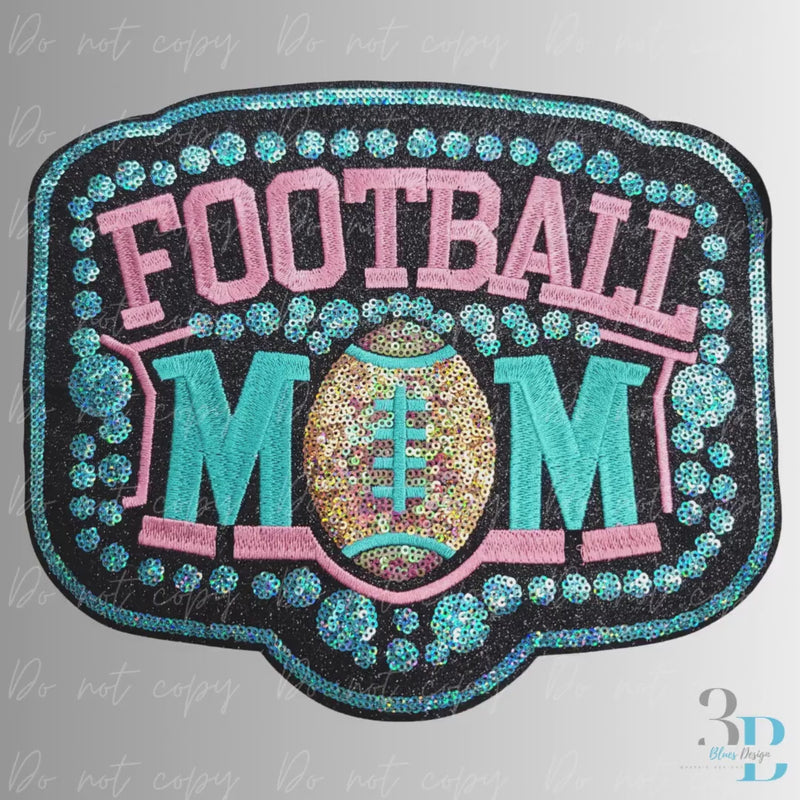 XXLarge Football Mom Pink and Teal Embroidered and Sequin Iron-on Patch