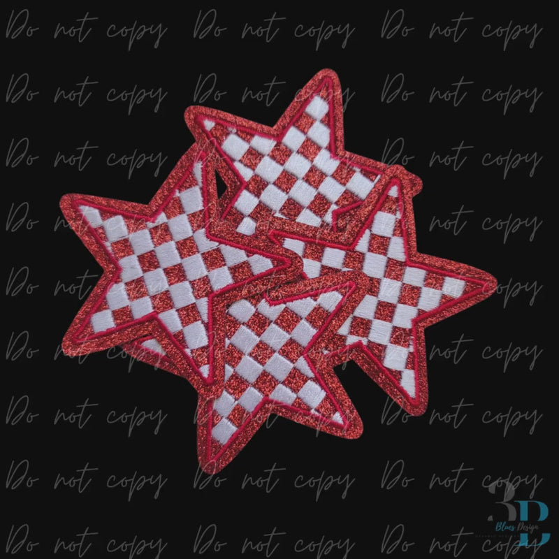 3" Checkered Glitter Red Star Iron On Patch: Game Day