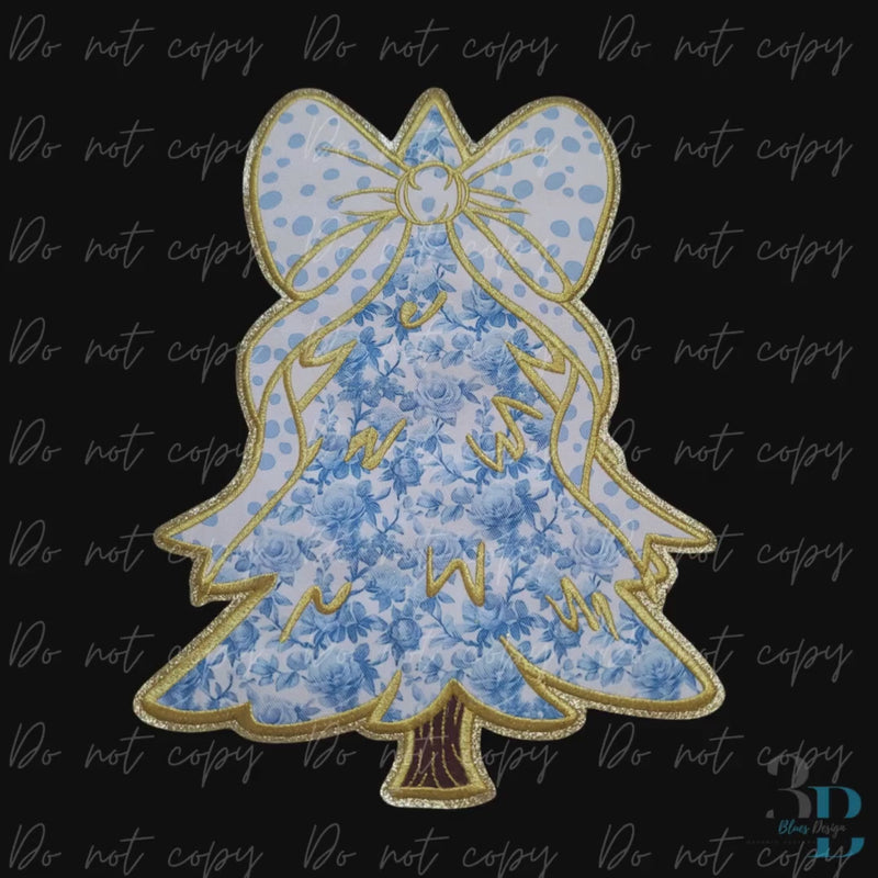 Blue and Gold Floral Embroidered Christmas Tree Iron-on Patch