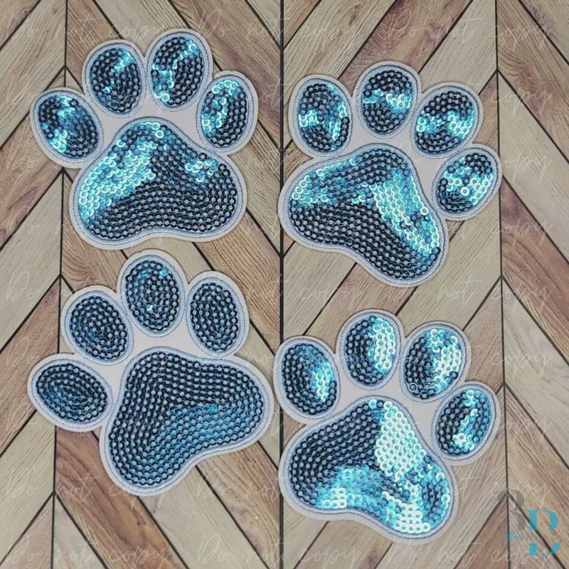 3" Sequin Light Blue Paw w/White Iron-on Patch