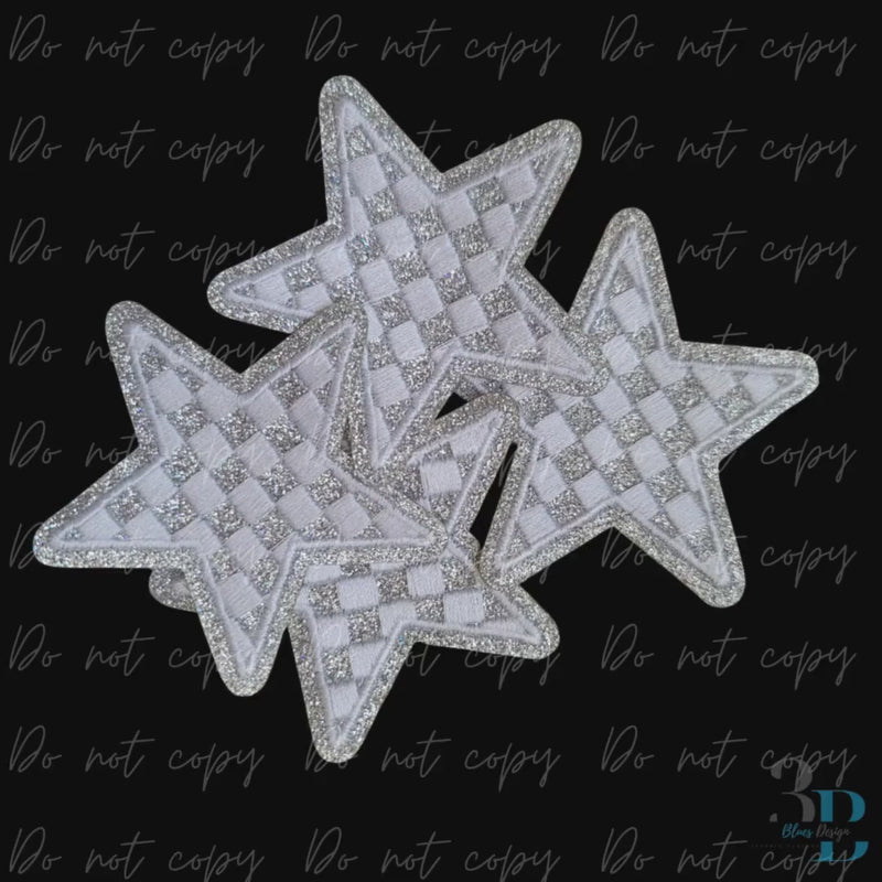 3" Checkered Glitter Silver Star Iron on Patch