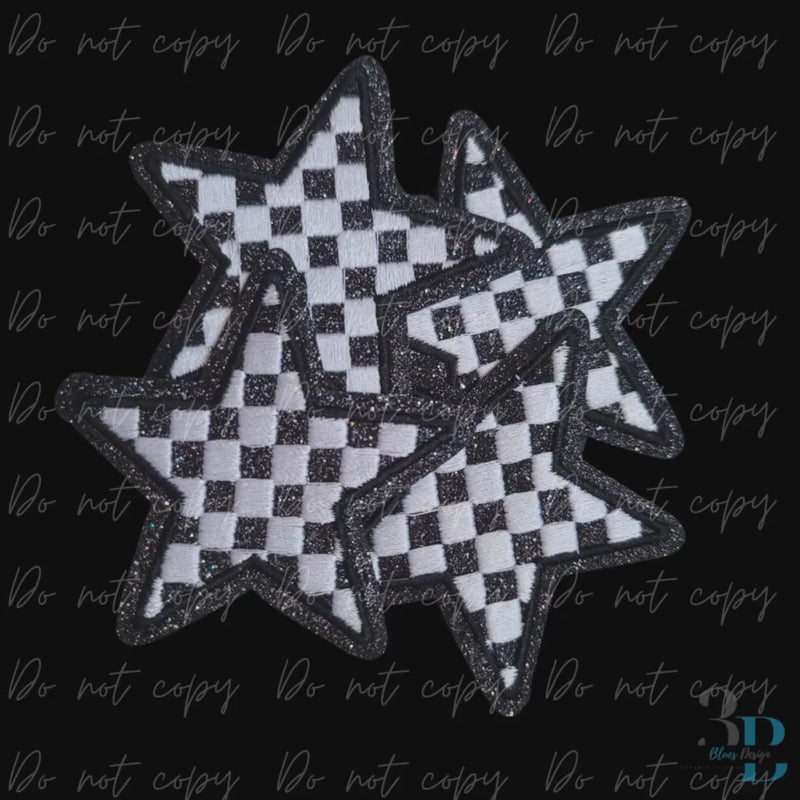 Checkered Glitter Black Star Patch - Embroidered Iron-On (3")