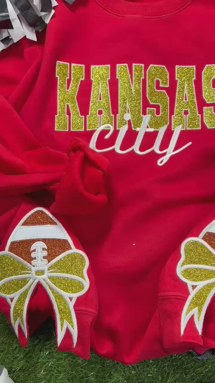 Hazel Blues® |  Kansas City Block Script Glitter Embroidery With Football & Bows Side