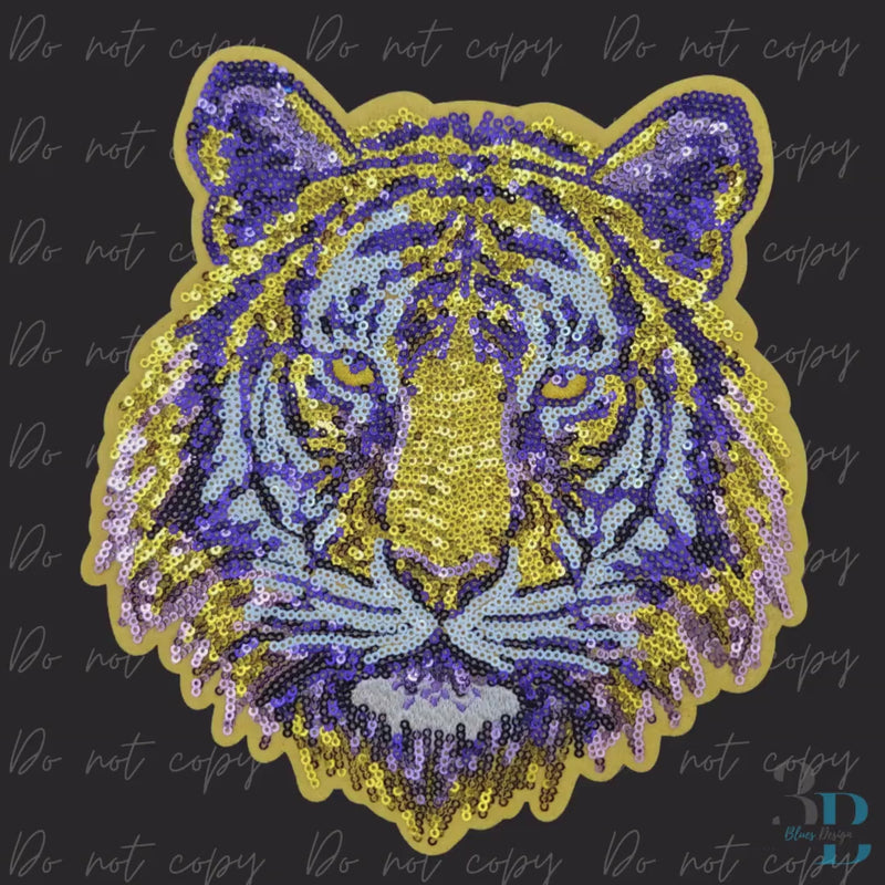 Tiger | Purple and Gold | Yellow Backing | Tiger Face Sequin Iron-on Patch