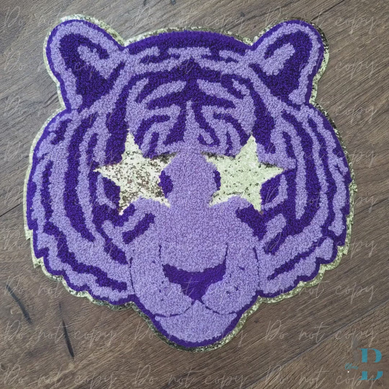 Purple Tiger with Gold Glitter Star Eyes | Mascot | Tiger | Chenille Iron-on Patch