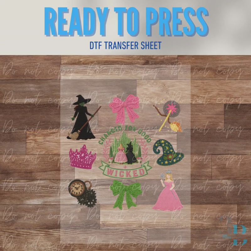 ADULT: Wicked Faux Yarn | Changed for Good | DTF Transfer Sheet | Witches Collage