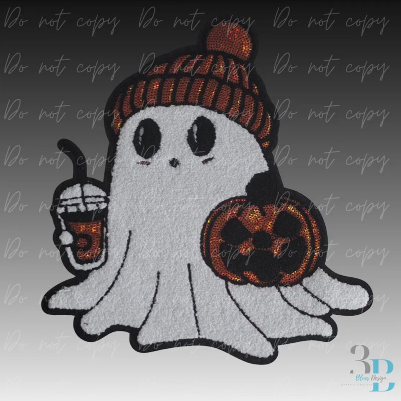 Large Ghost with Pumpkin | Spooky Chenille Iron-on Patch