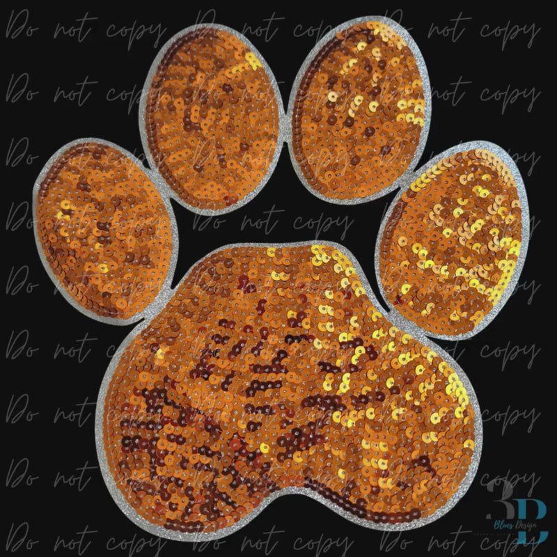 Large Sequin Orange Paw w/Silver Iron-on Patch