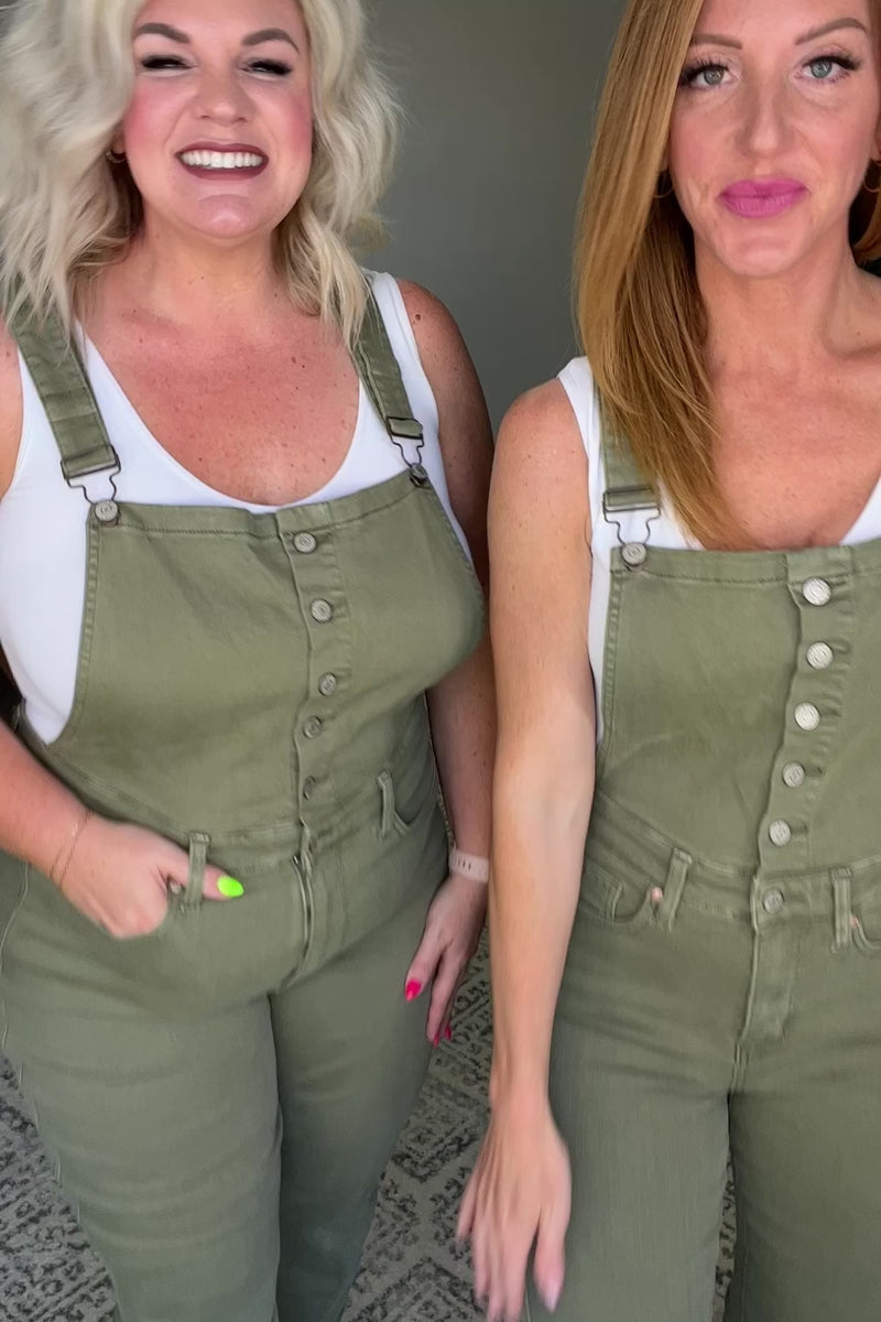 Hazel Blues® |  Olivia Control Top Release Hem Overalls in Olive