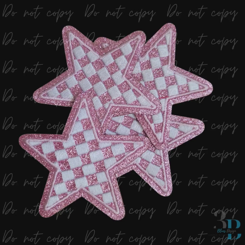 3" Checkered Glitter Pink Star Iron on Patch: Embroidered Game Day Decor
