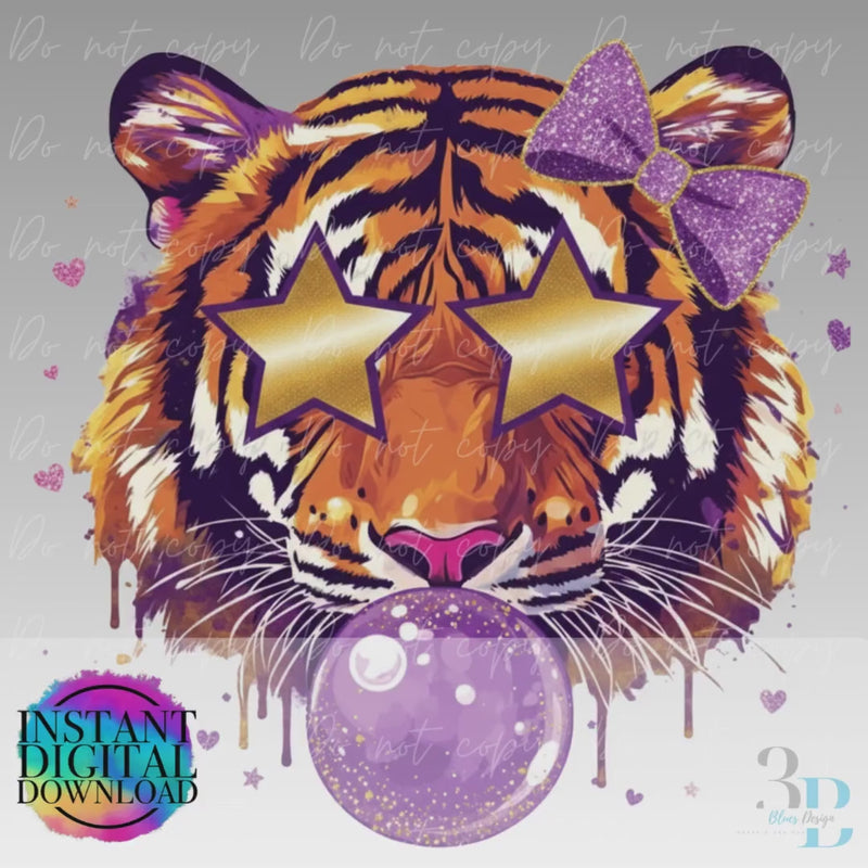 Girl Tiger with Stars | Purple and Gold | Louisiana Digital File