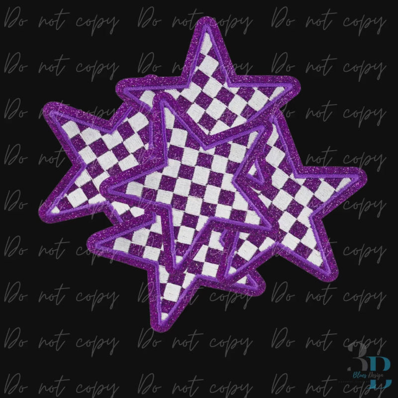 3" Checkered Glitter Purple Star Iron on Patch