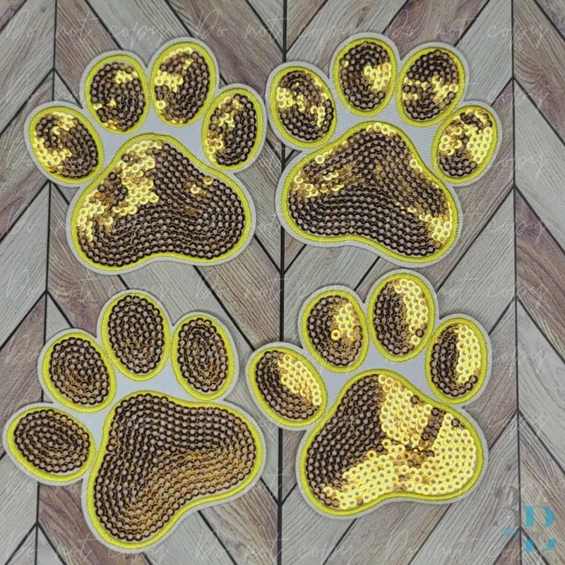 3" Sequin Yellow Paw w/White Iron-on Patch