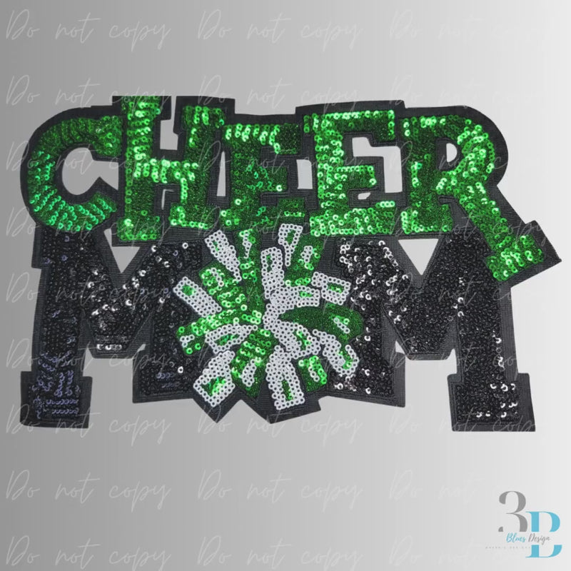 Cheer Mom Sequin Patch, Green and Black, Iron On