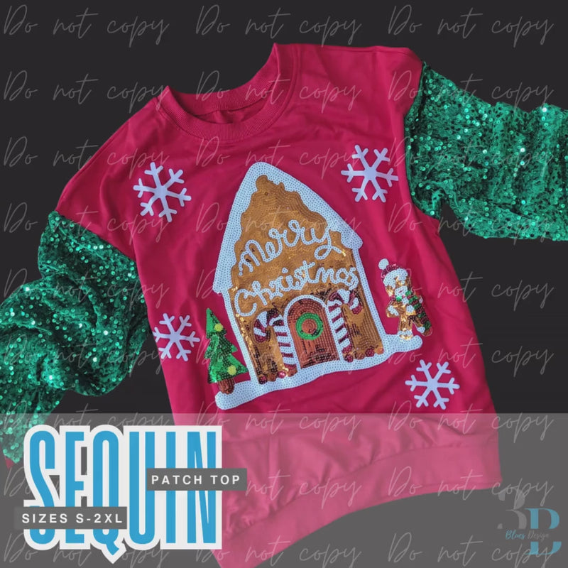 Sequin Gingerbread House Christmas Sweatshirt | Embroidered Holiday Top