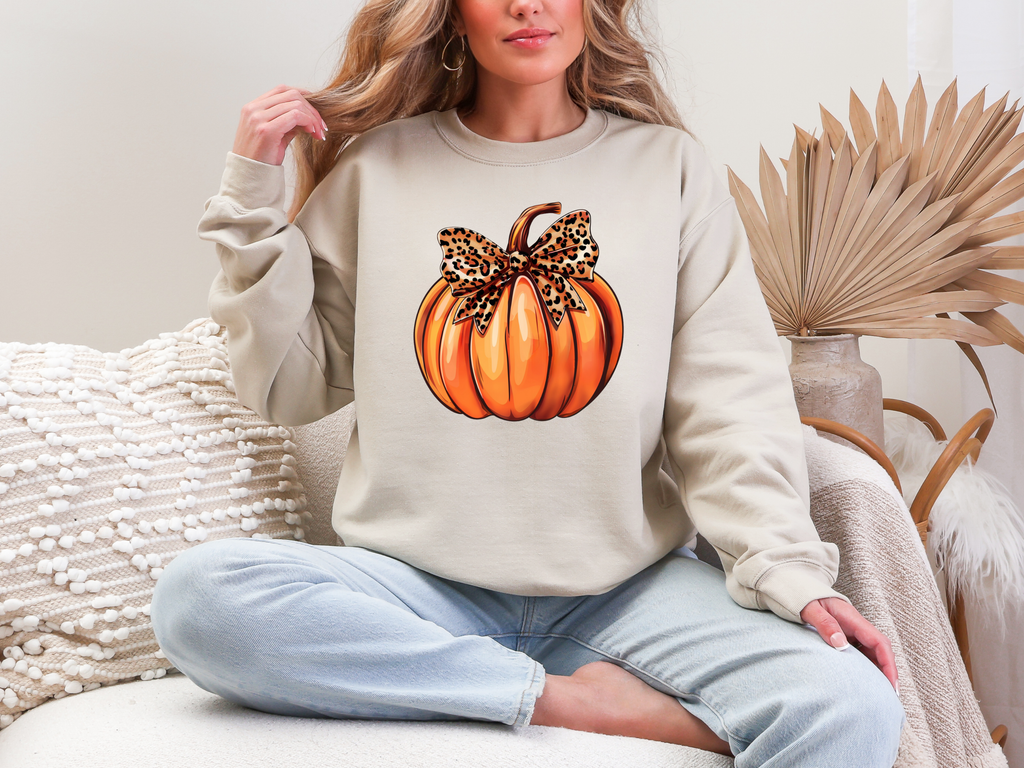 Hazel Blues® |  Pumpkin Leopard Bow Sweatshirt