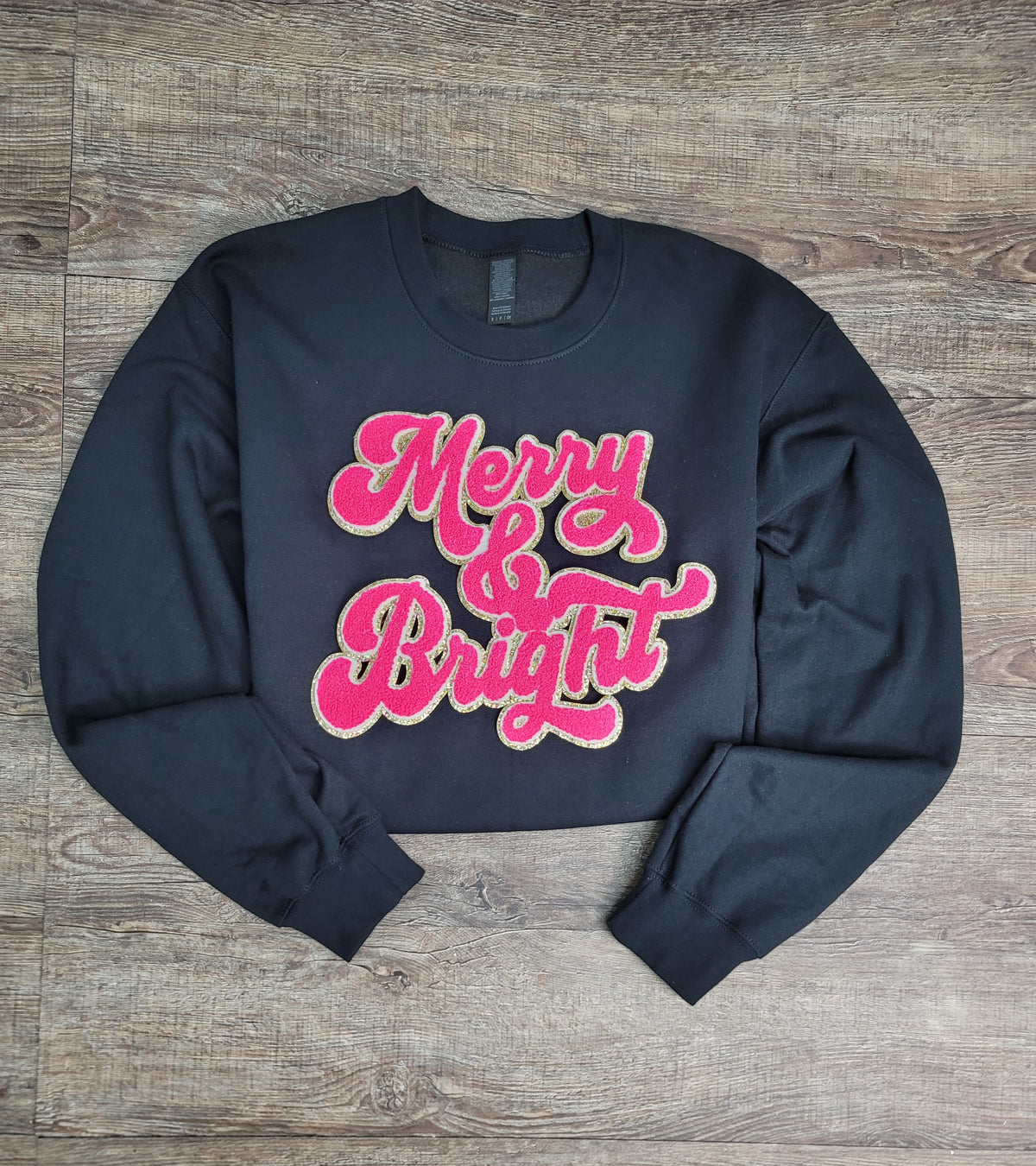 3Blues Designs |   Hazel Blues® |  Merry & Bright Chenille Patch Sweatshirt: HOT PINK