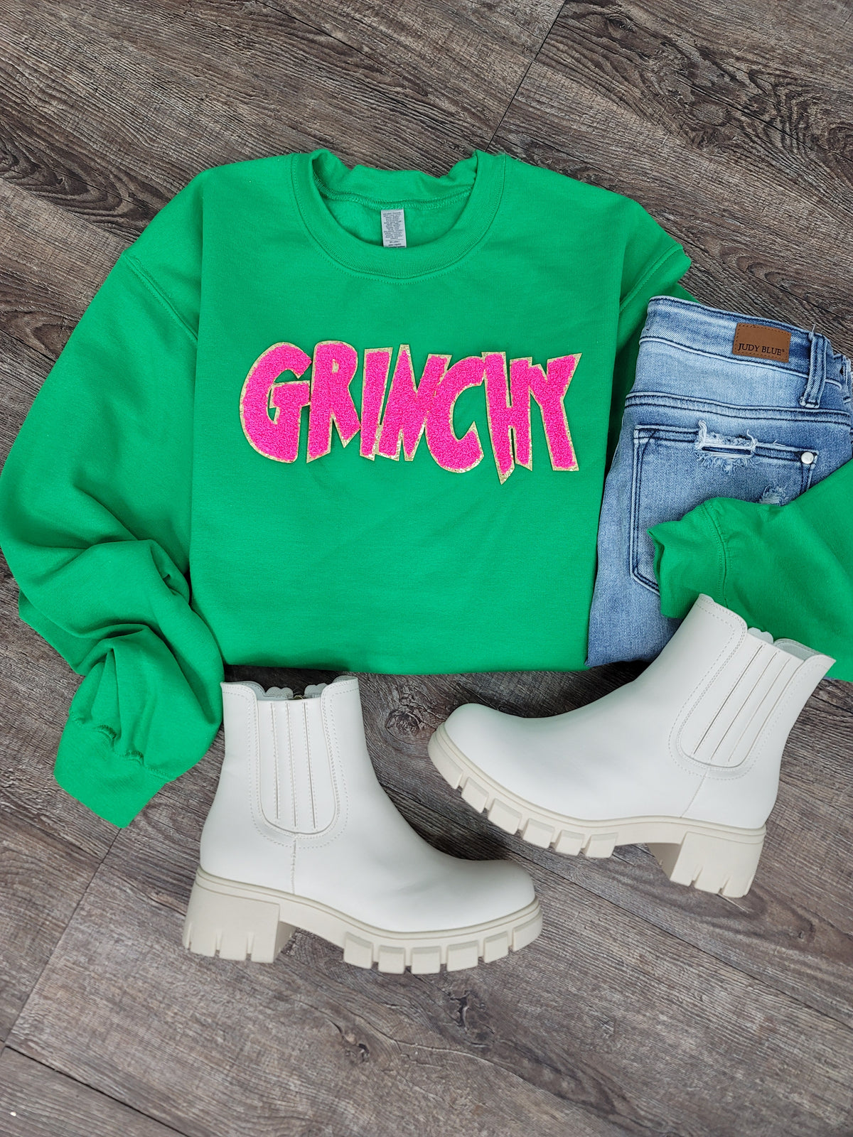 Hazel Blues® |  Grinchy Chenille Patch Sweatshirt: HOT PINK