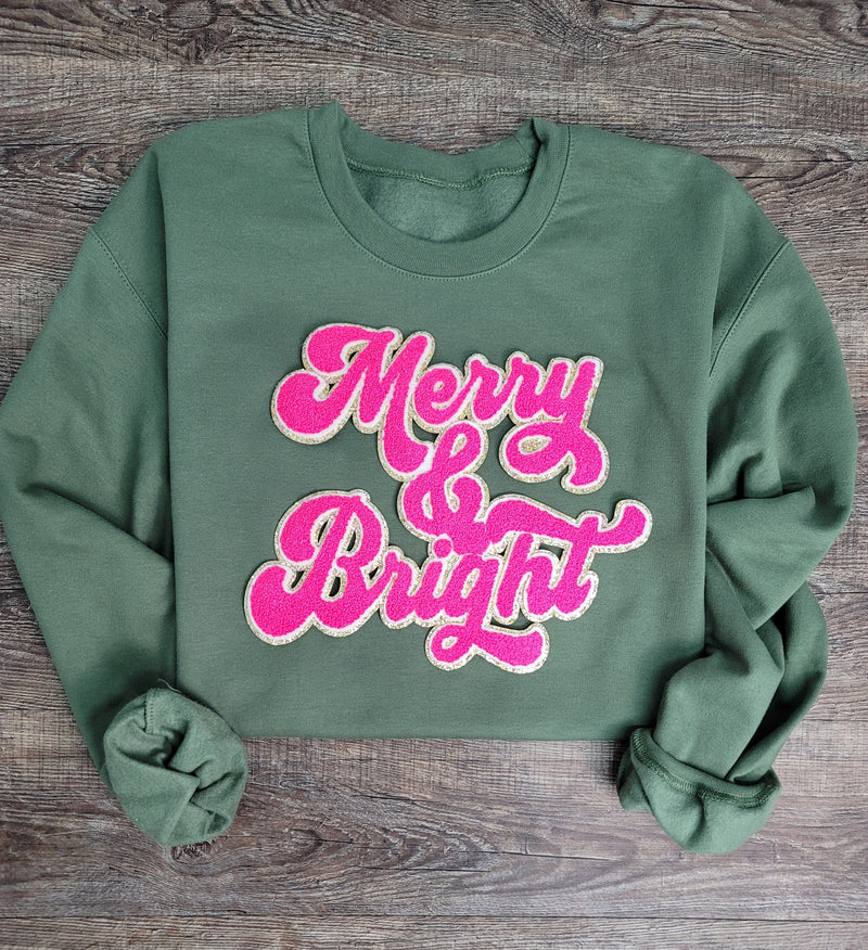 3Blues Designs |   Hazel Blues® |  Merry & Bright Chenille Patch Sweatshirt: HOT PINK