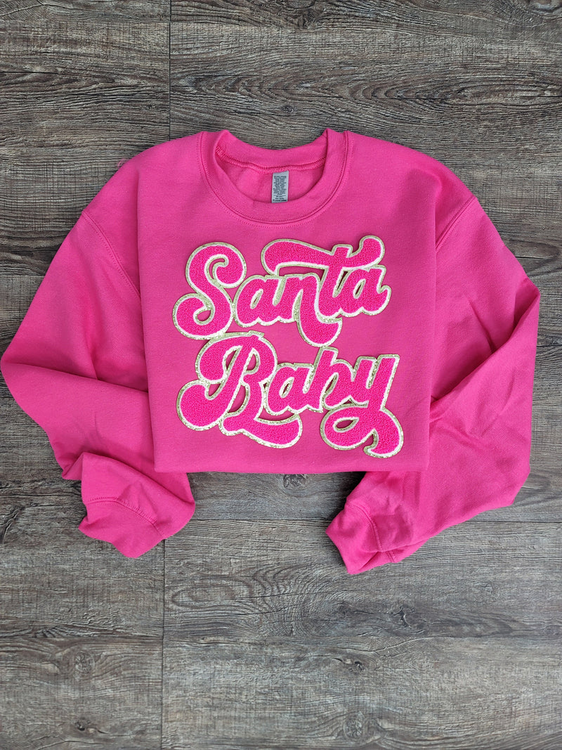 3Blues Designs |   Hazel Blues® |  Santa Baby Chenille Patch Sweatshirt: HOT PINK