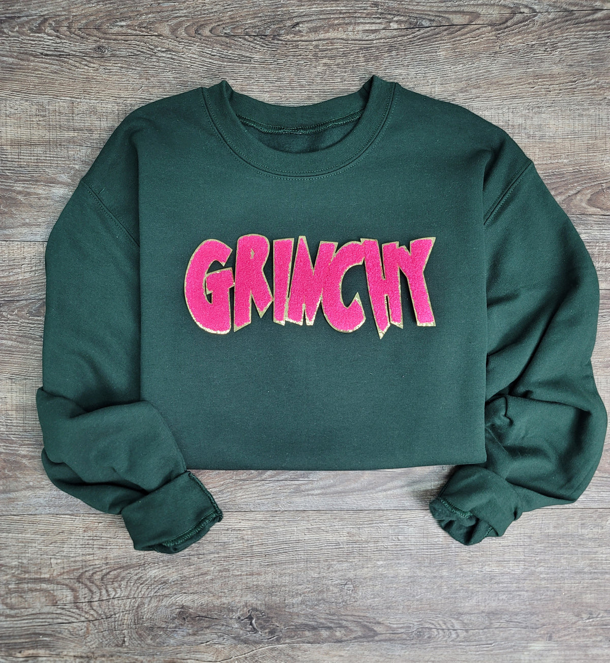 3Blues Designs |   Hazel Blues® |  Grinchy Chenille Patch Sweatshirt: HOT PINK