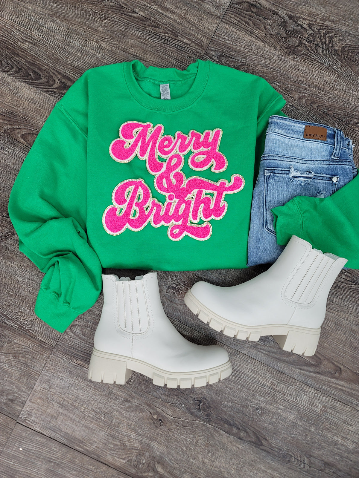 3Blues Designs |   Hazel Blues® |  Merry & Bright Chenille Patch Sweatshirt: HOT PINK