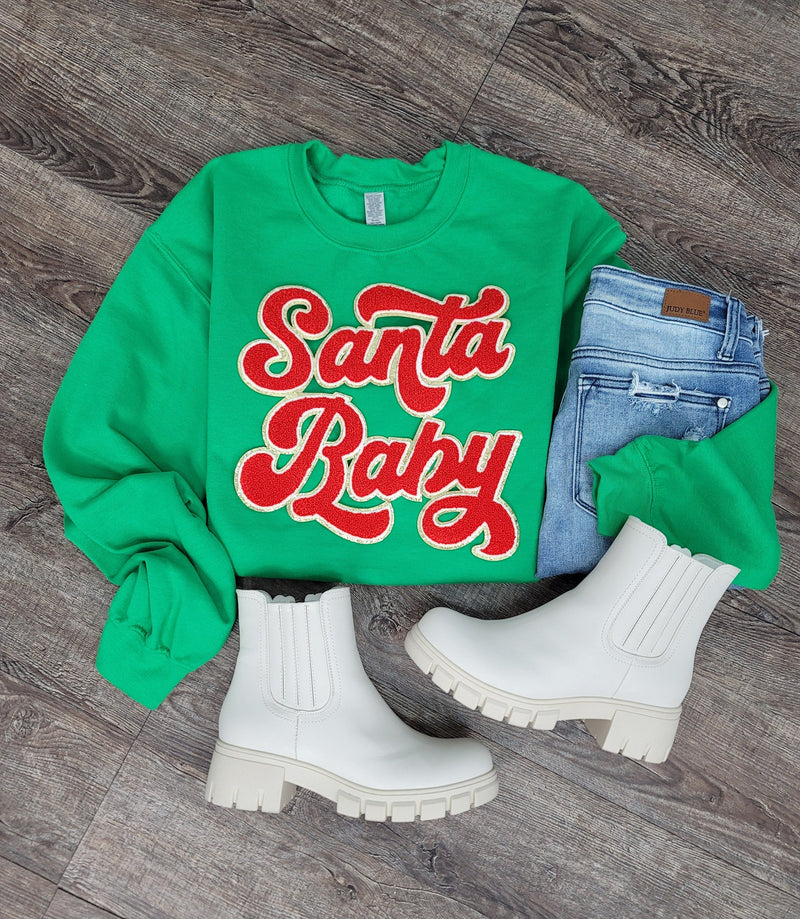 3Blues Designs |   Hazel Blues® |  Santa Baby Chenille Patch Sweatshirt: RED