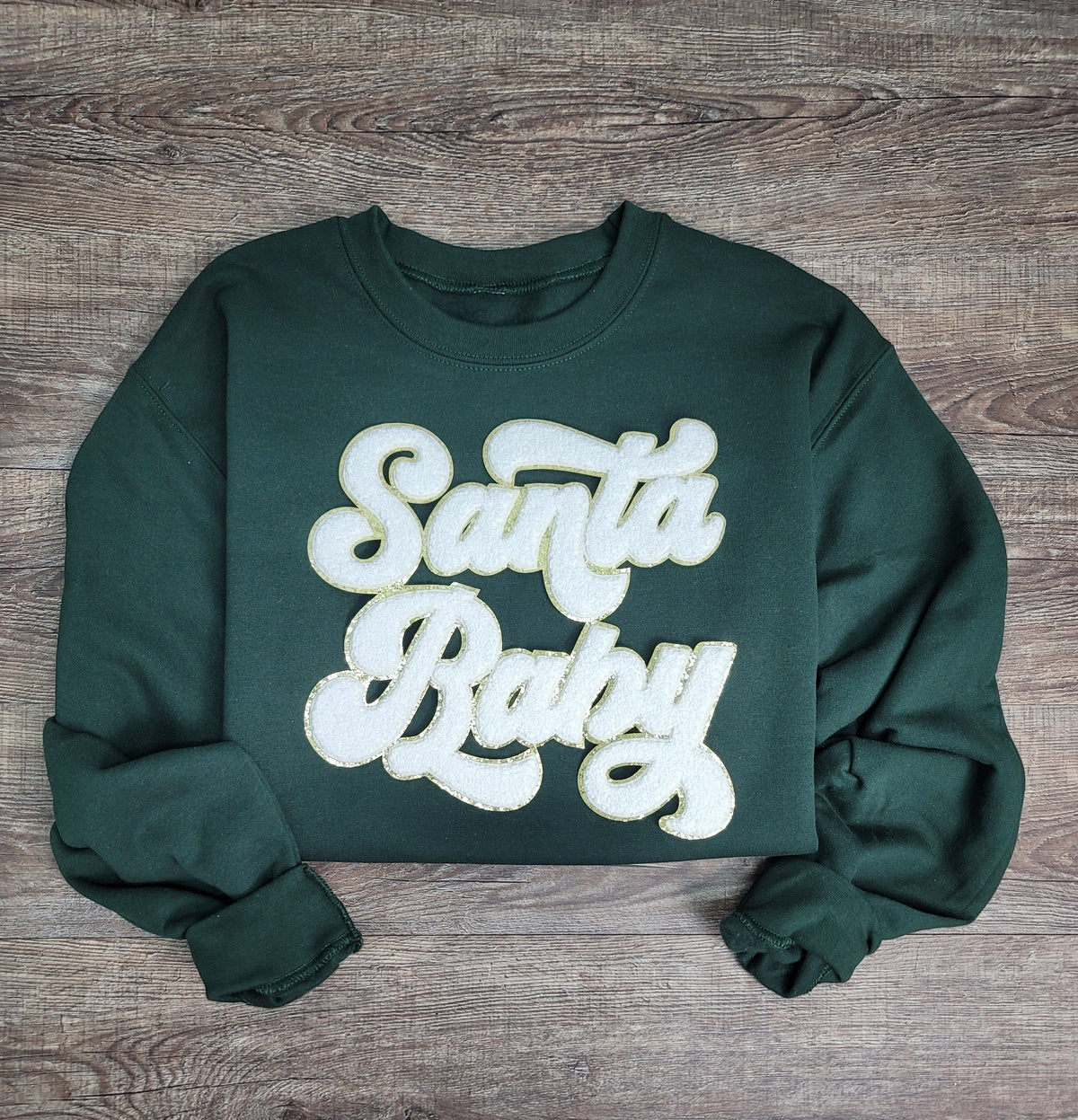 3Blues Designs |   Hazel Blues® |  Santa Baby Chenille Patch Sweatshirt: WHITE