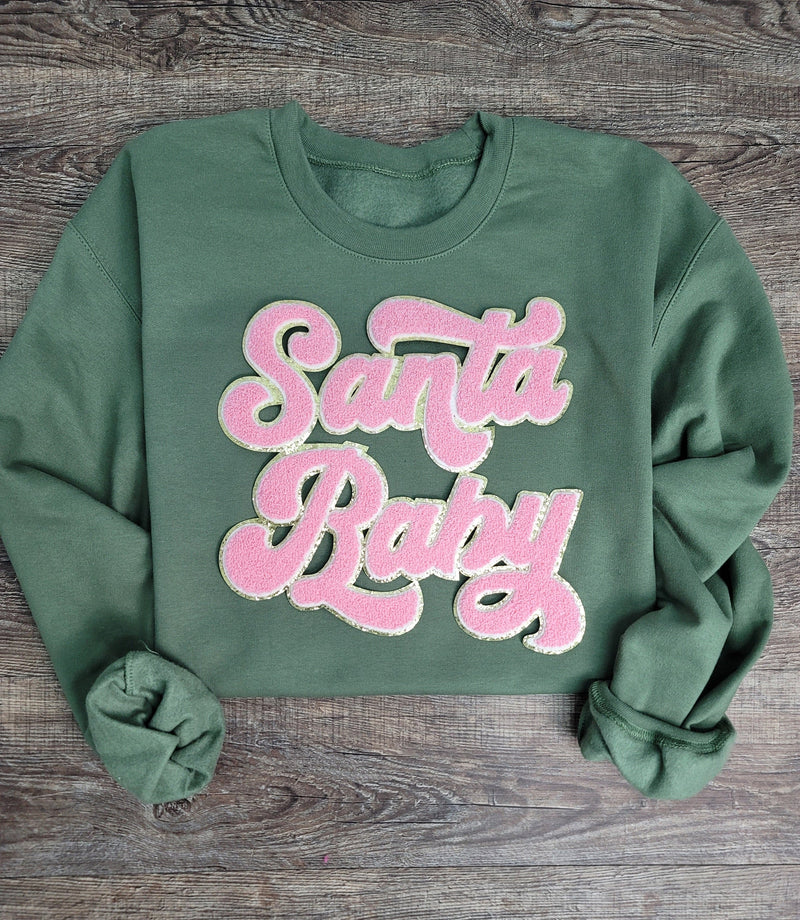 3Blues Designs |   Hazel Blues® |  Santa Baby Chenille Patch Sweatshirt: LIGHT PINK