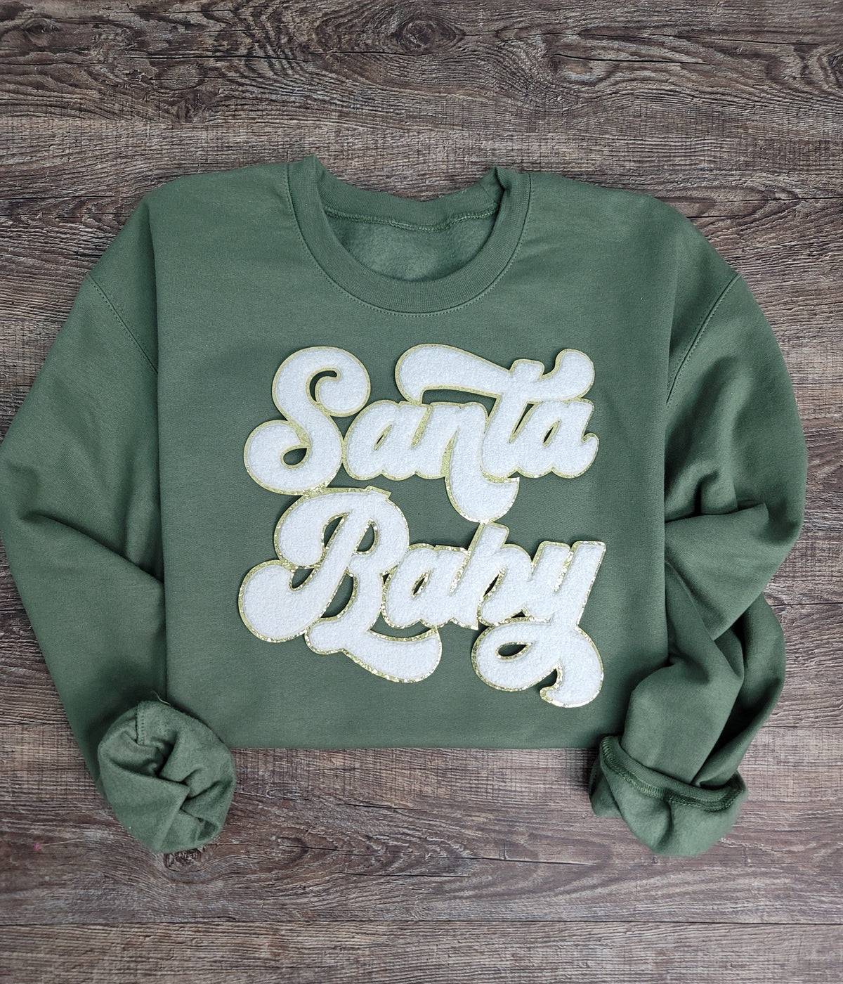 3Blues Designs |   Hazel Blues® |  Santa Baby Chenille Patch Sweatshirt: WHITE