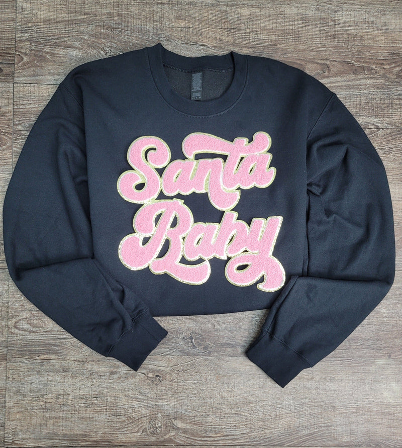 3Blues Designs |   Hazel Blues® |  Santa Baby Chenille Patch Sweatshirt: LIGHT PINK