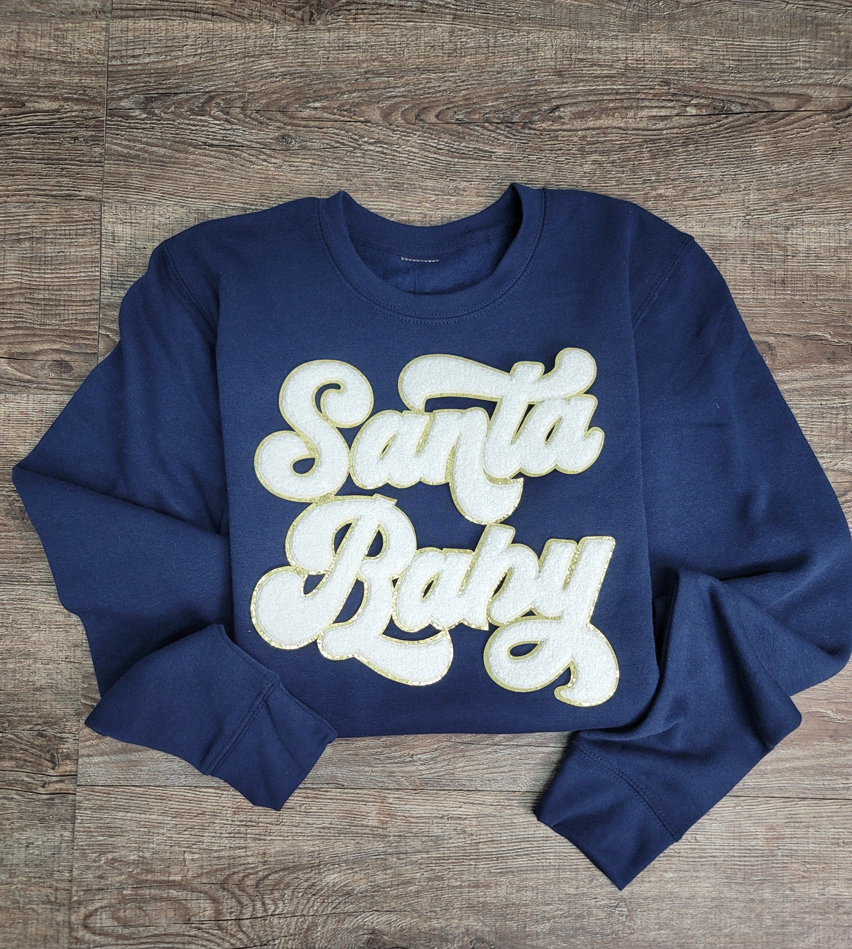 3Blues Designs |  3Blues Designs |  Hazel Blues® |  Santa Baby Chenille Patch Sweatshirt: WHITE