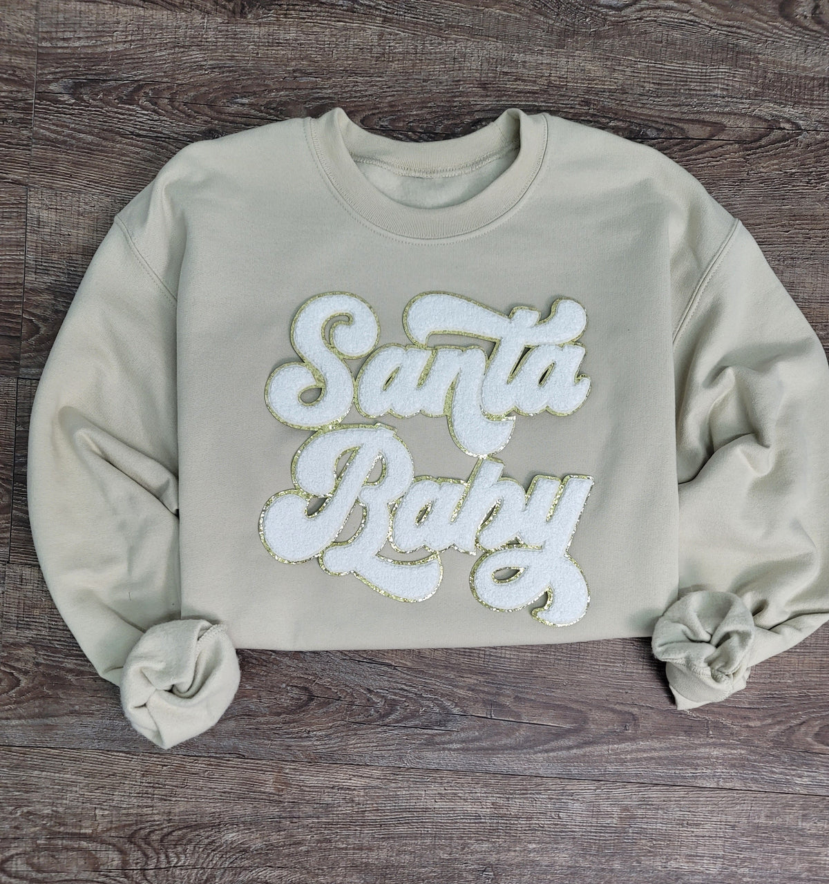 3Blues Designs |   Hazel Blues® |  Santa Baby Chenille Patch Sweatshirt: WHITE