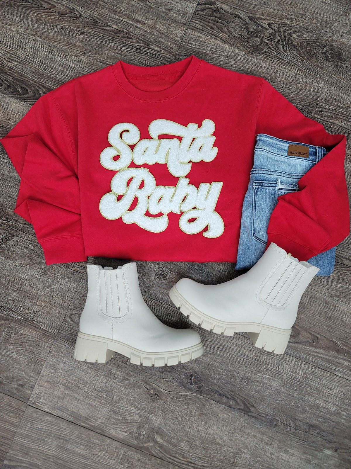 3Blues Designs |   Hazel Blues® |  Santa Baby Chenille Patch Sweatshirt: WHITE