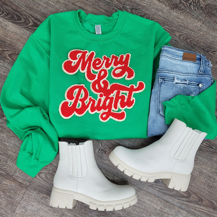 3Blues Designs |   Hazel Blues® |  Merry & Bright Chenille Patch Sweatshirt: RED