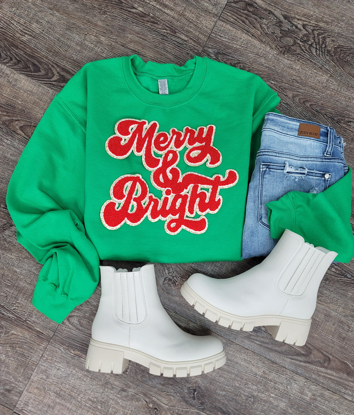 Hazel Blues® |  Merry & Bright Chenille Patch Sweatshirt: RED