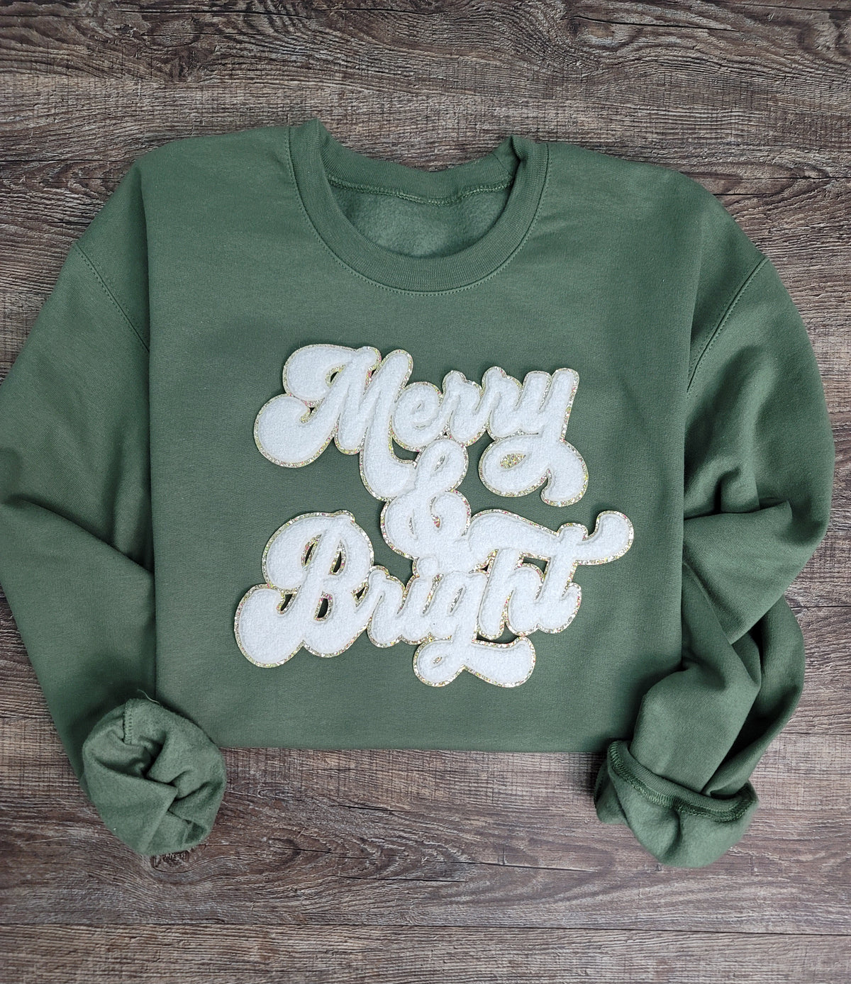 3Blues Designs |   Hazel Blues® |  Merry & Bright Chenille Patch Sweatshirt: RED