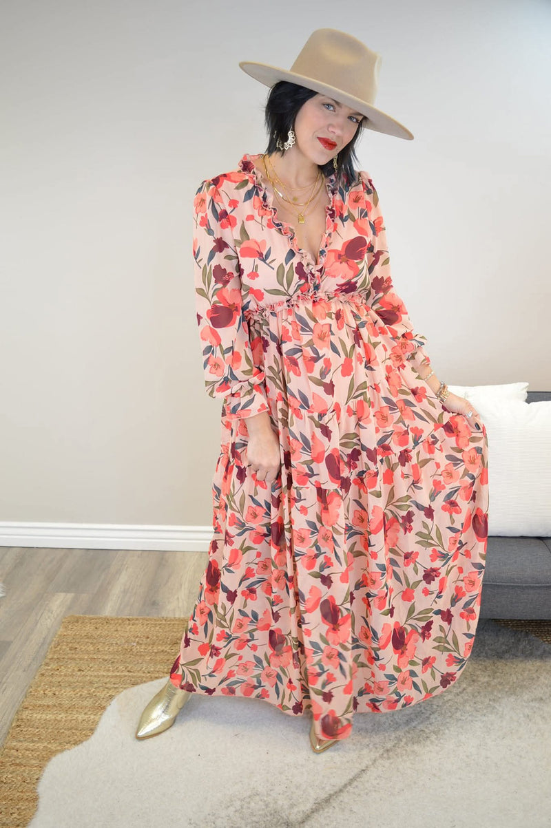 Hazel Blues | Floral Frill Trim Flounce Sleeve Plunge Maxi Dress Hazel Blues | Floral Frill Trim Flounce Sleeve Plunge Maxi Dress